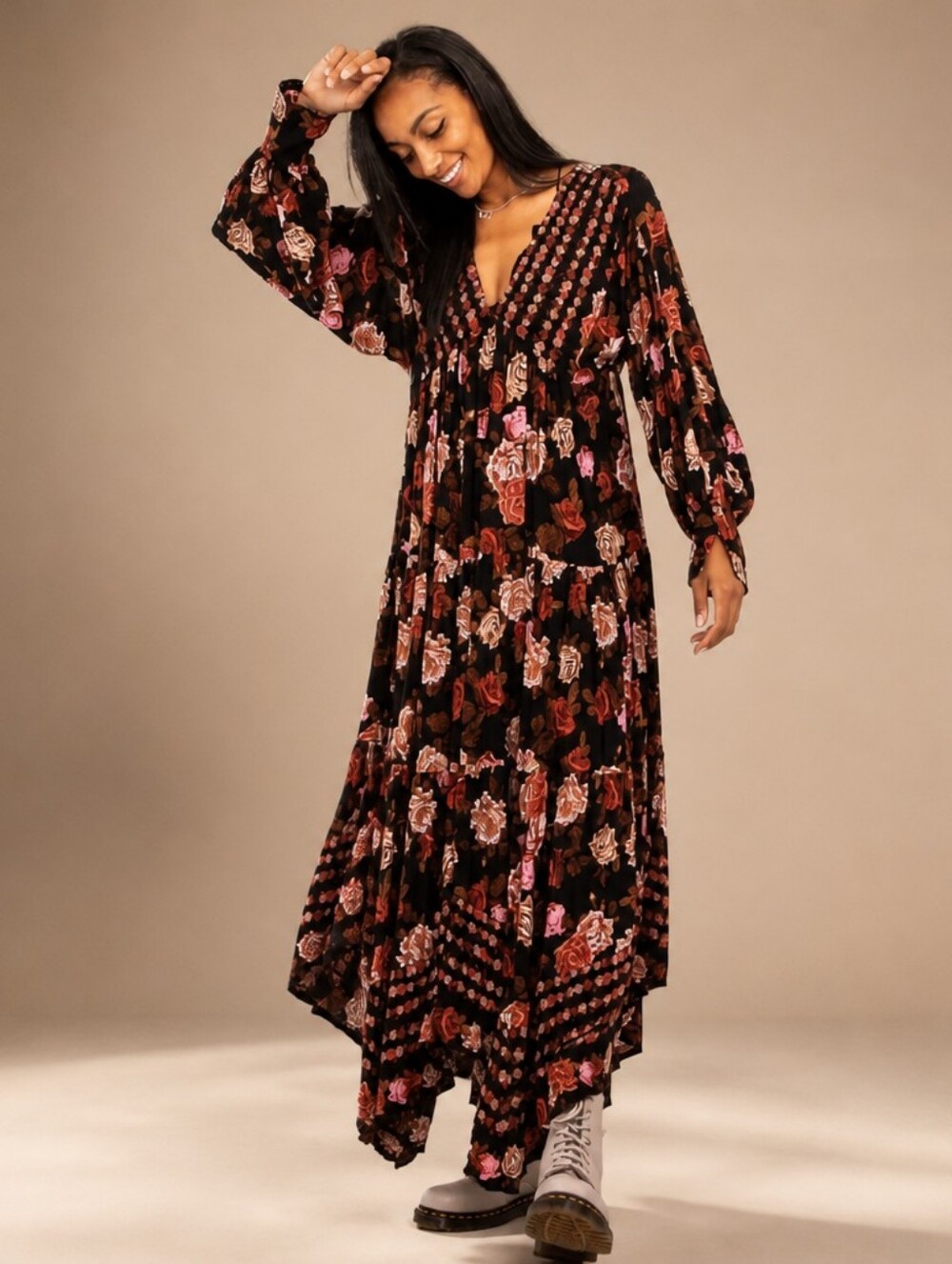 Free People Rows of Roses Floral Print V-Neck Long Sleeve Maxi Dress -Size Small